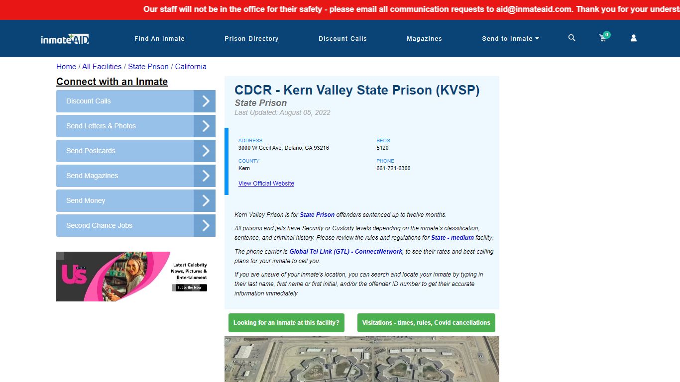 CDCR - Kern Valley State Prison (KVSP) & Inmate Search ...